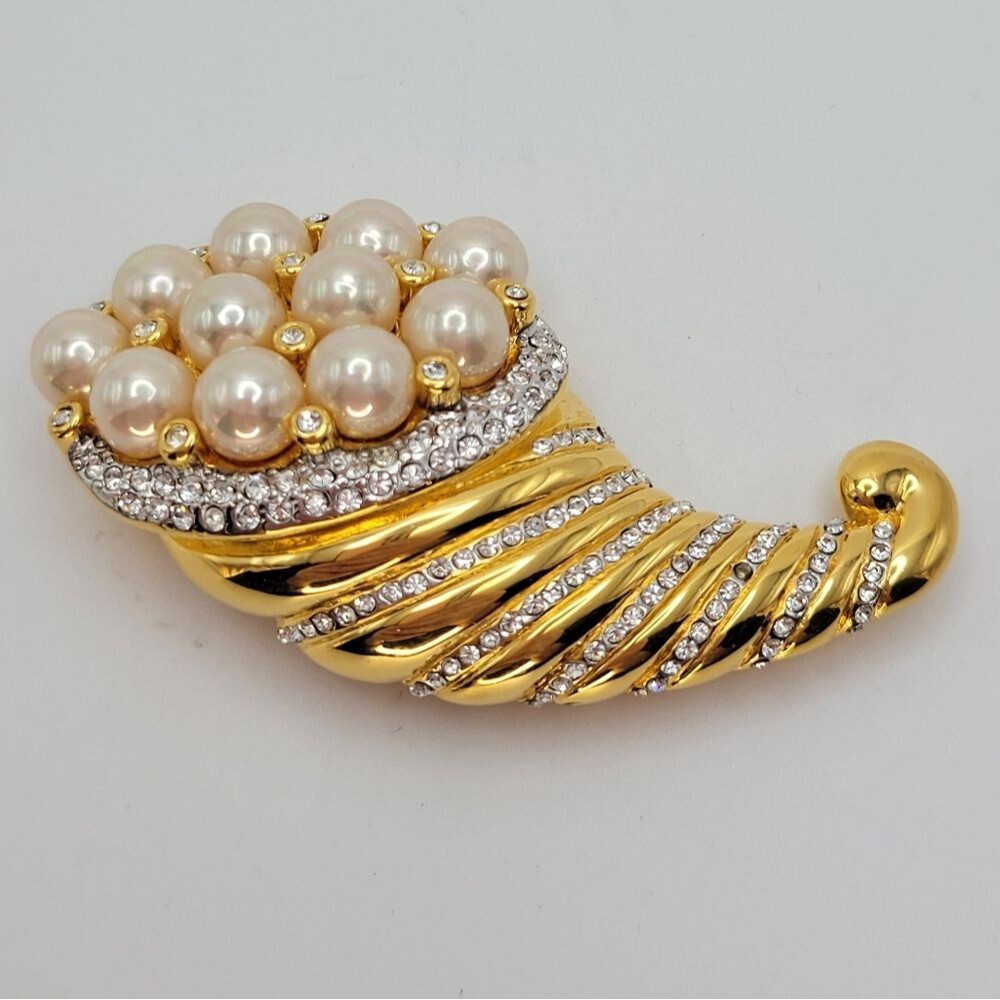 Nolan Miller | Vintage Goldtone Faux Pearl Rhinestone Cornucopia Brooch Pin